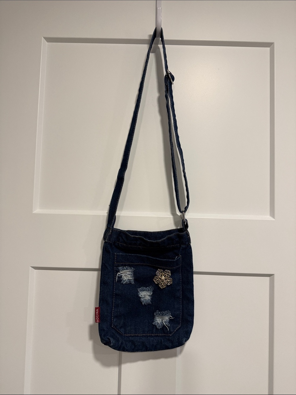 Vintage AOCINA Denim Crossbody Bag Distressed Embellished Flower Pin